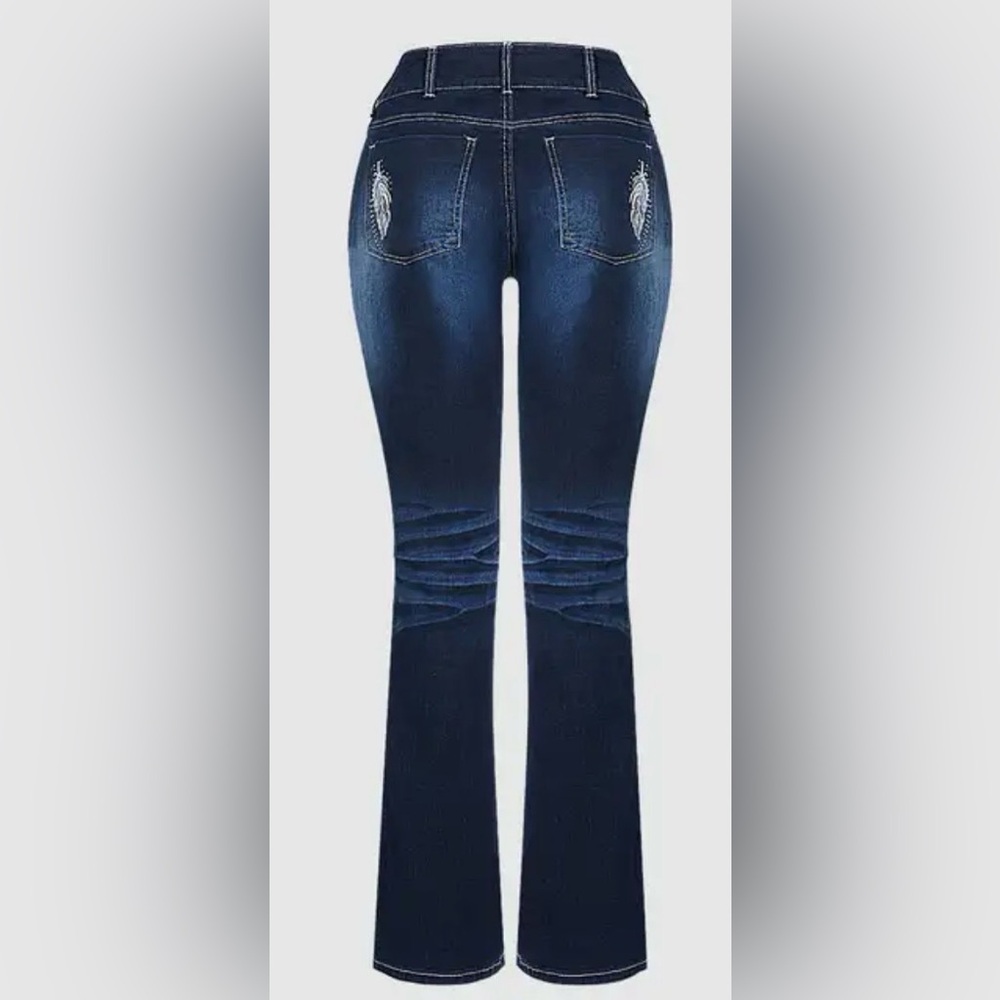 Flamingals Feather Embroidery Split Hem Mid Waist Bootcut Jeans Size Large NWT - Picture 8 of 14